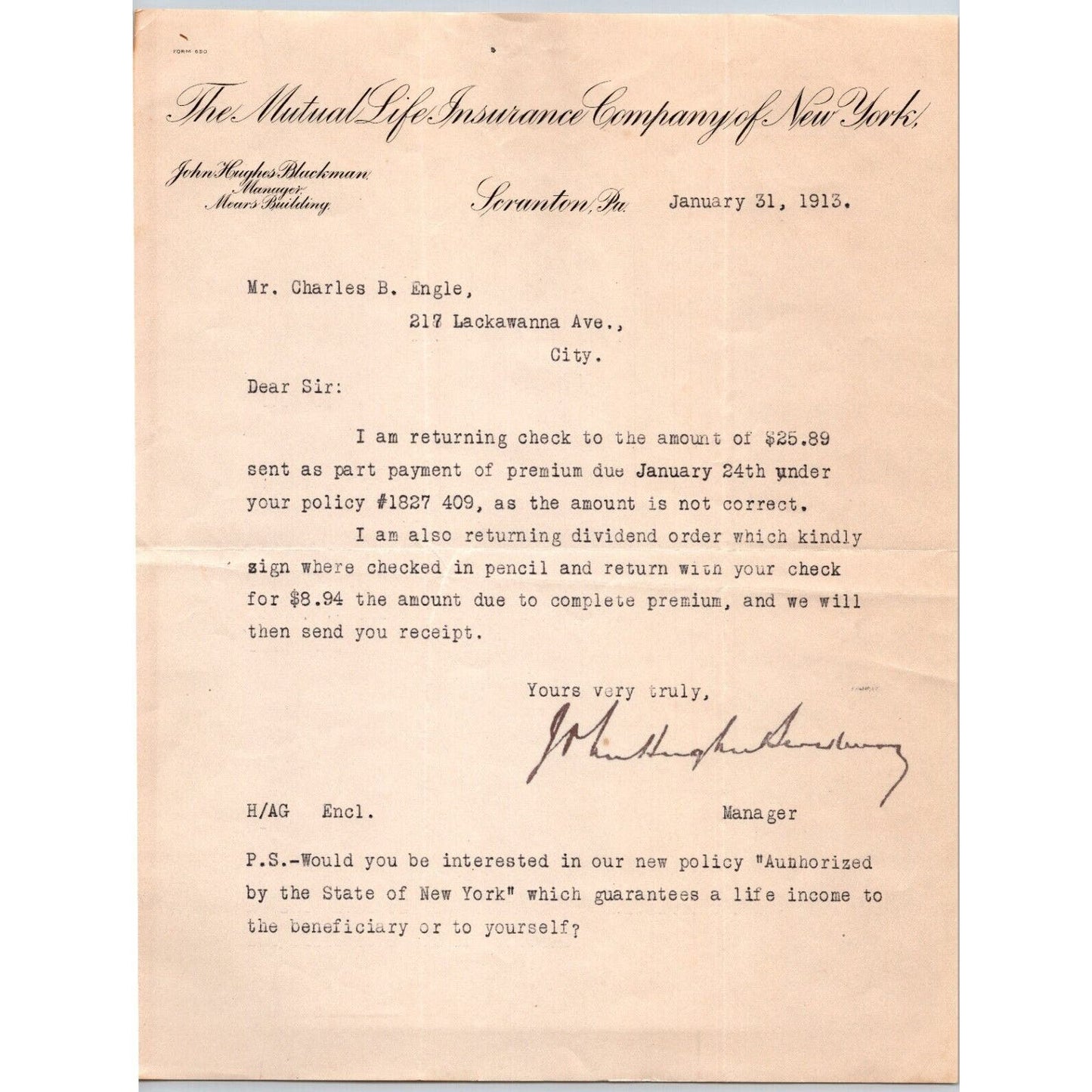 Scranton / Mutual Life Insurance Company 1913 "Engel" Letterhead