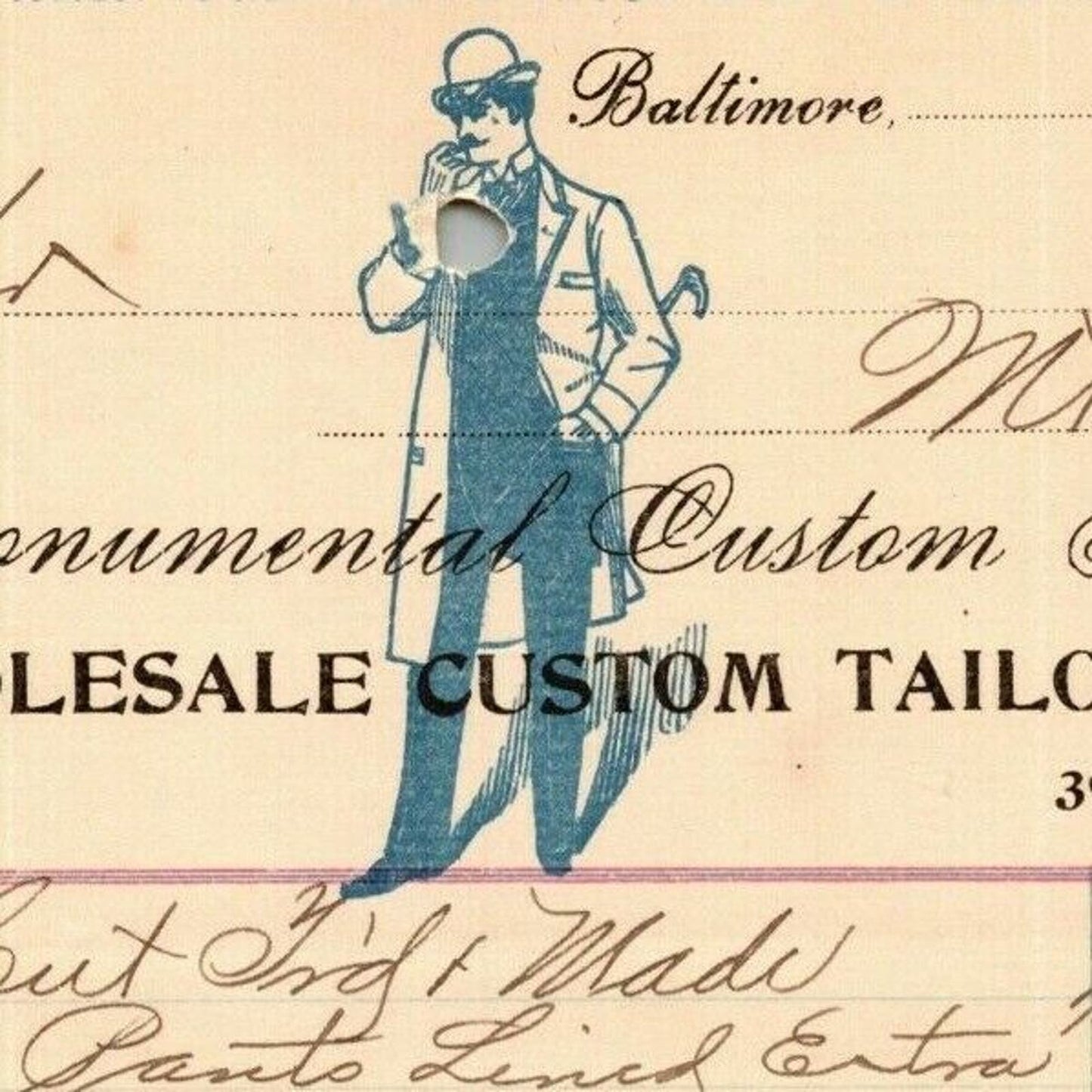 1899 Letterhead Billhead "Monumental Custom Tailors" Baltimore Ephraim Baker*