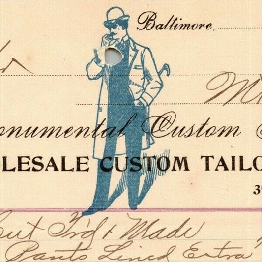 1899 Letterhead Billhead "Monumental Custom Tailors" Baltimore Ephraim Baker*