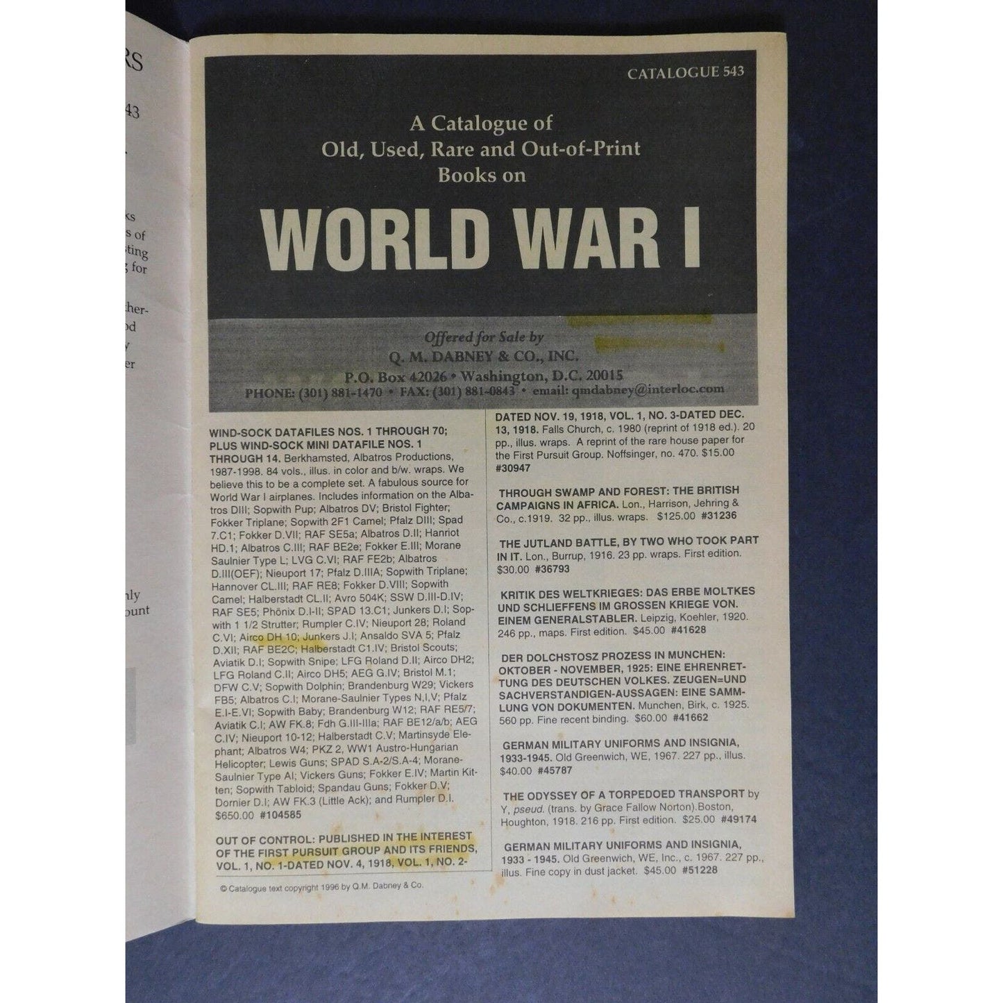 World War I - Catalogue of Old, Used, Rare and OOP Books c1999 48pgs