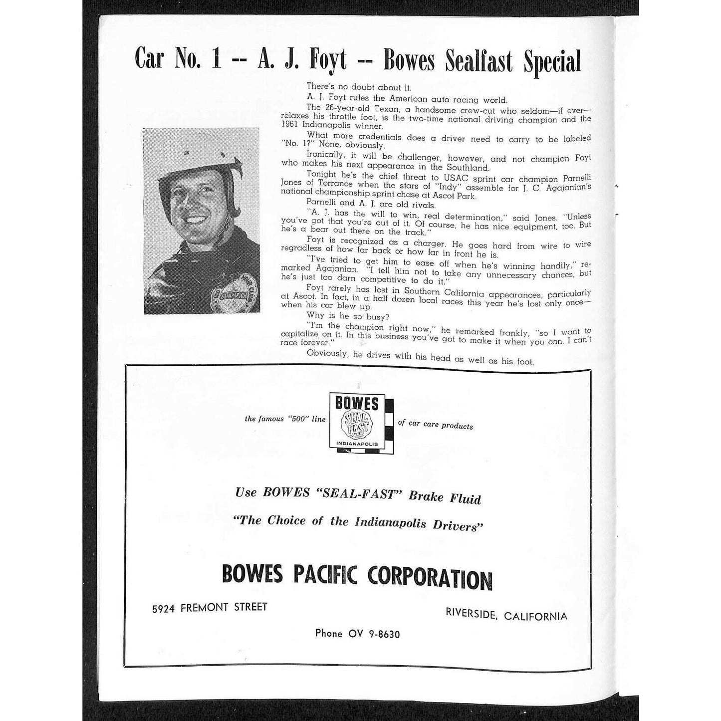 Scarce Nov 11 1961 USAC Championship Sprint Car Races Auto Racing Program Ascot