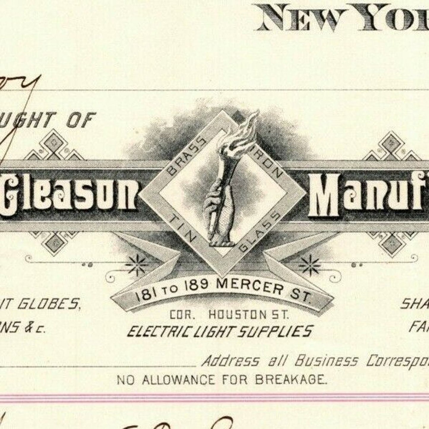 Dec 12 1887 "E. P. Gleason" Cut Glass Globes Billhead Letterhead Mercer St NYC