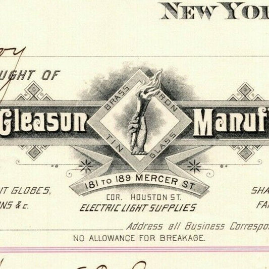 Dec 12 1887 "E. P. Gleason" Cut Glass Globes Billhead Letterhead Mercer St NYC