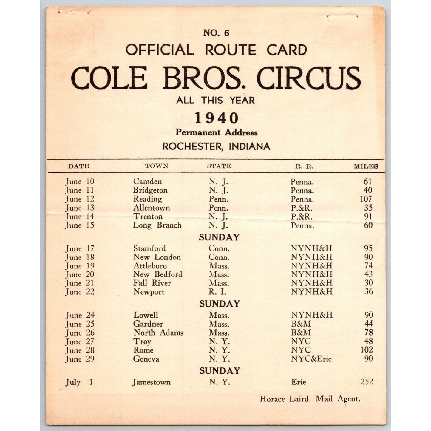 1940 Cole Bros Circus Route Card NJ PA MA RI NY