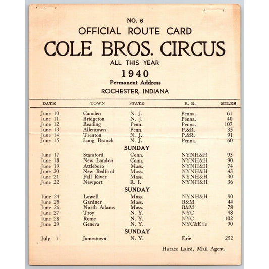 1940 Cole Bros Circus Route Card NJ PA MA RI NY