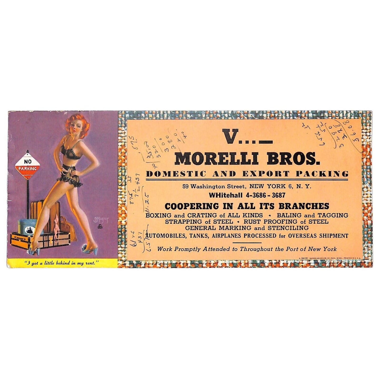 Girlie Ink Blotter "I Got a Little Behind on my Rent" Morelli Bros Packing NYC
