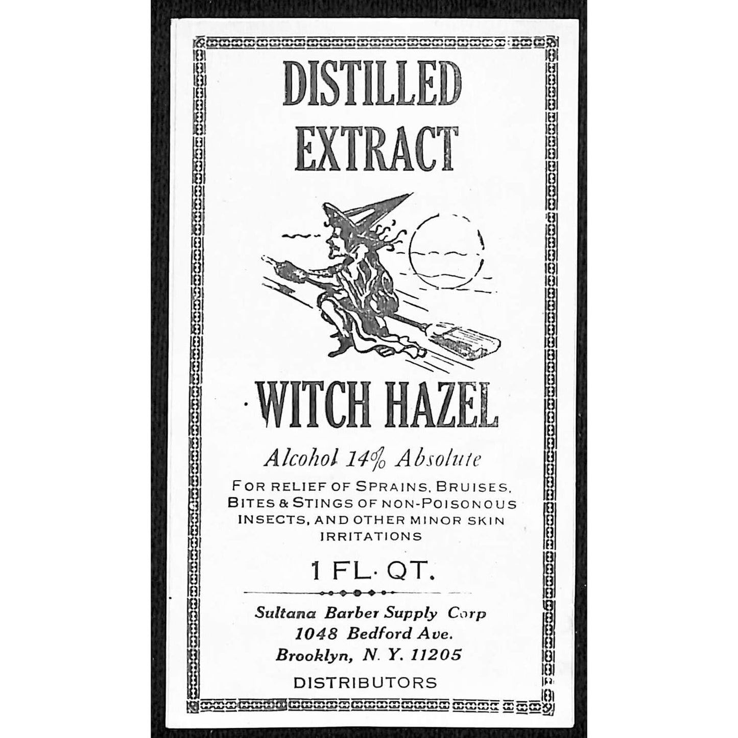 Vintage Paper Label Witch Hazel Distilled Extract Witch / Broom Brooklyn c1970's