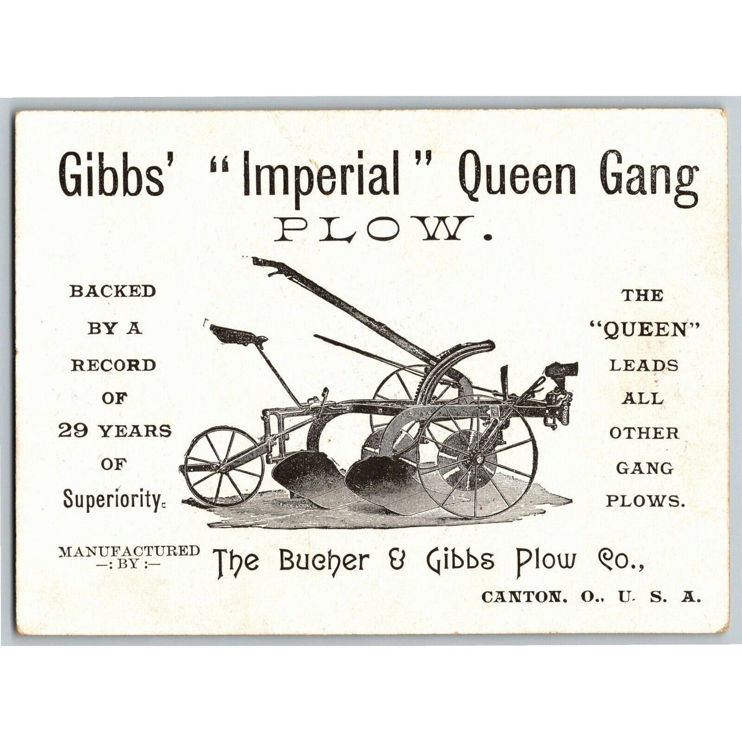 1893 Chicago World's Fair Trade Card Bucher & Gibbs Imperial Queen Plow