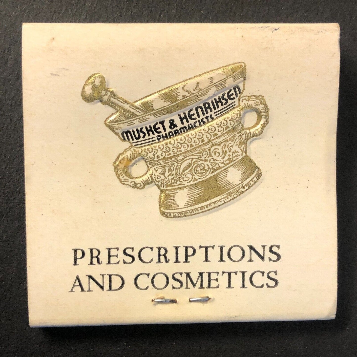 Musket & Henriksen Pharmacists Chicago Full FEATURE Vintage Matchbook c1950's