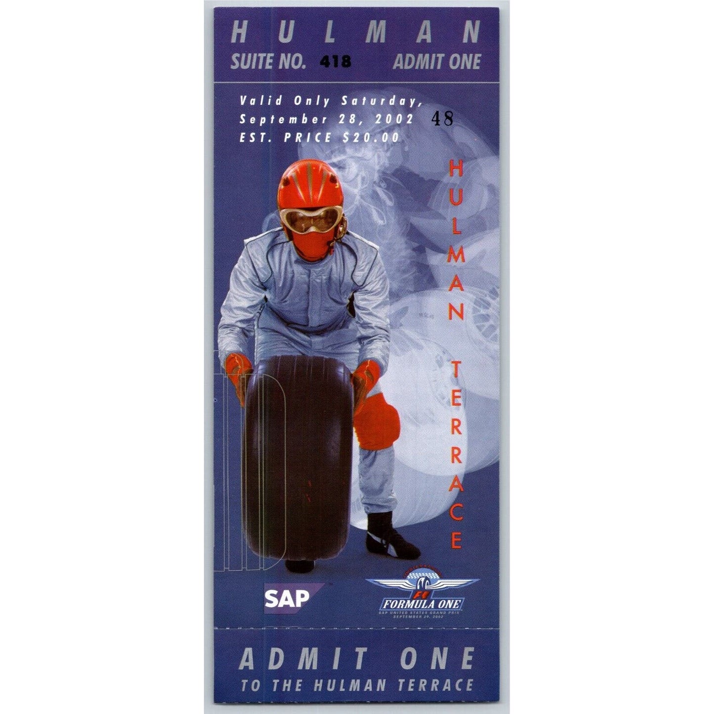 2002 Indianapolis Formula One Grand Prix Racing Hulman Suite Ticket Stub #48