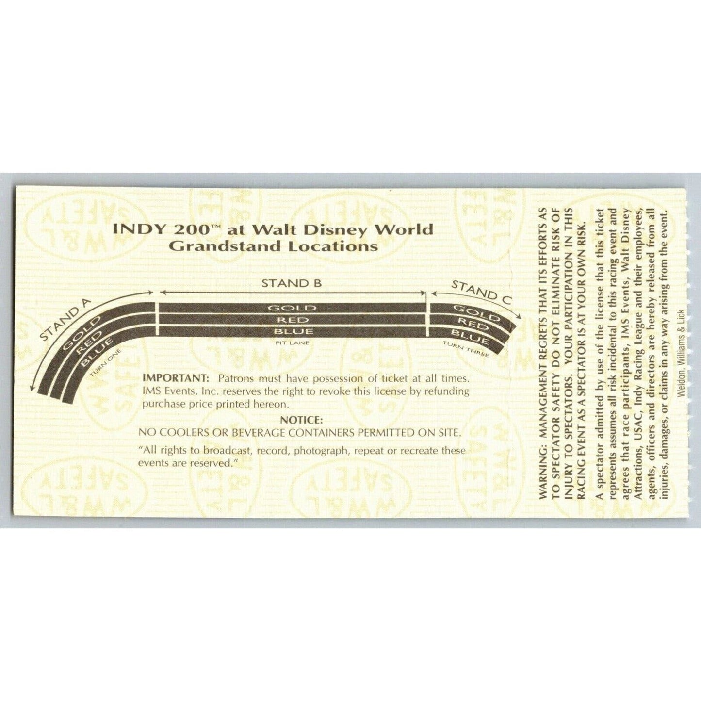 1996 Indy 200 Walt Disney World Qualifications & Practice Ticket Stub Seat 9