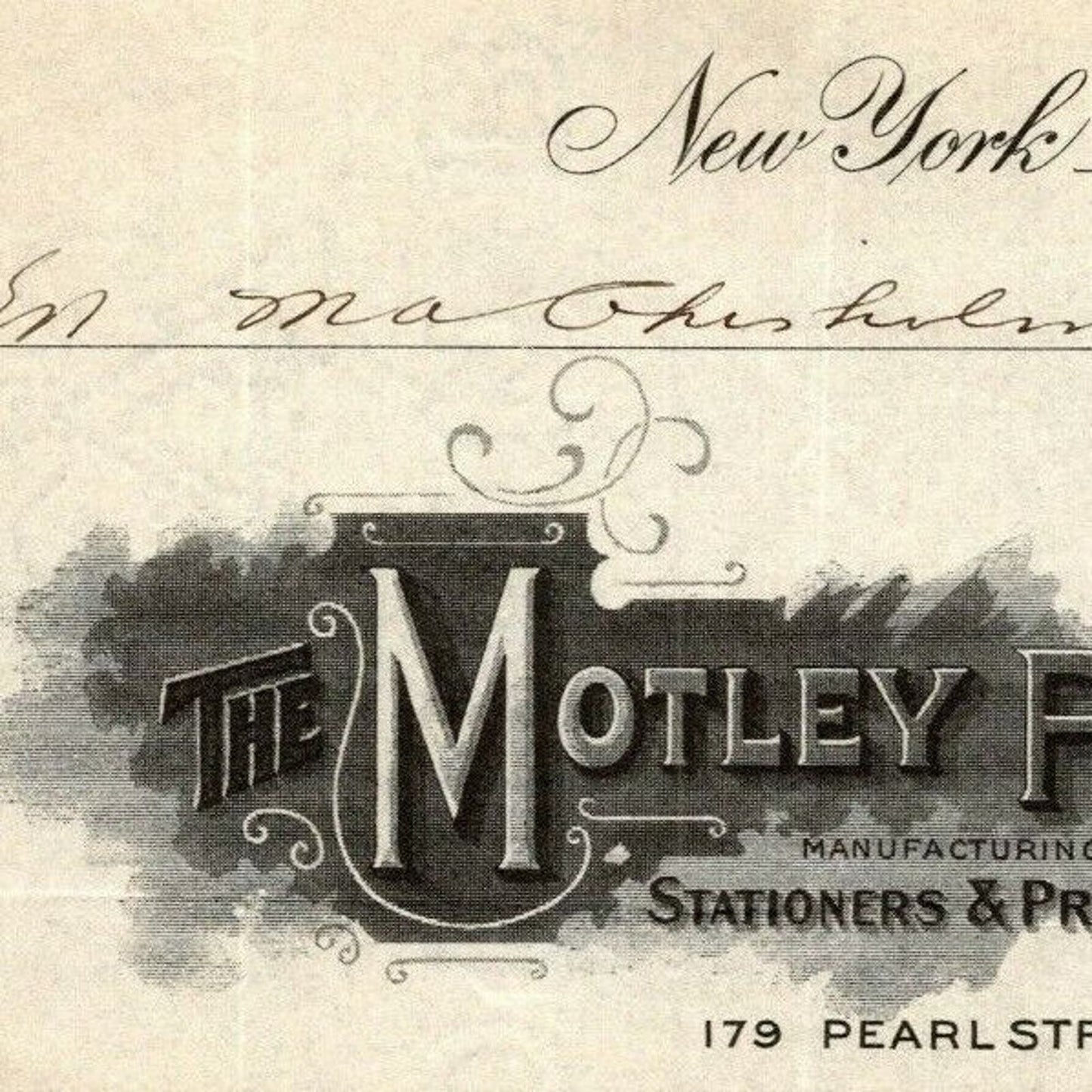 1915 "The Motley Press, Stationers & Printers" Billhead Letterhead Pearl St. NYC