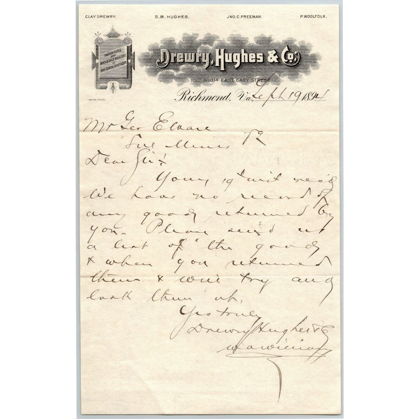Drewry, Hughes & Co. (Dry Goods) Letterhead Richmond, VA to: Geo. E. Wear 1894