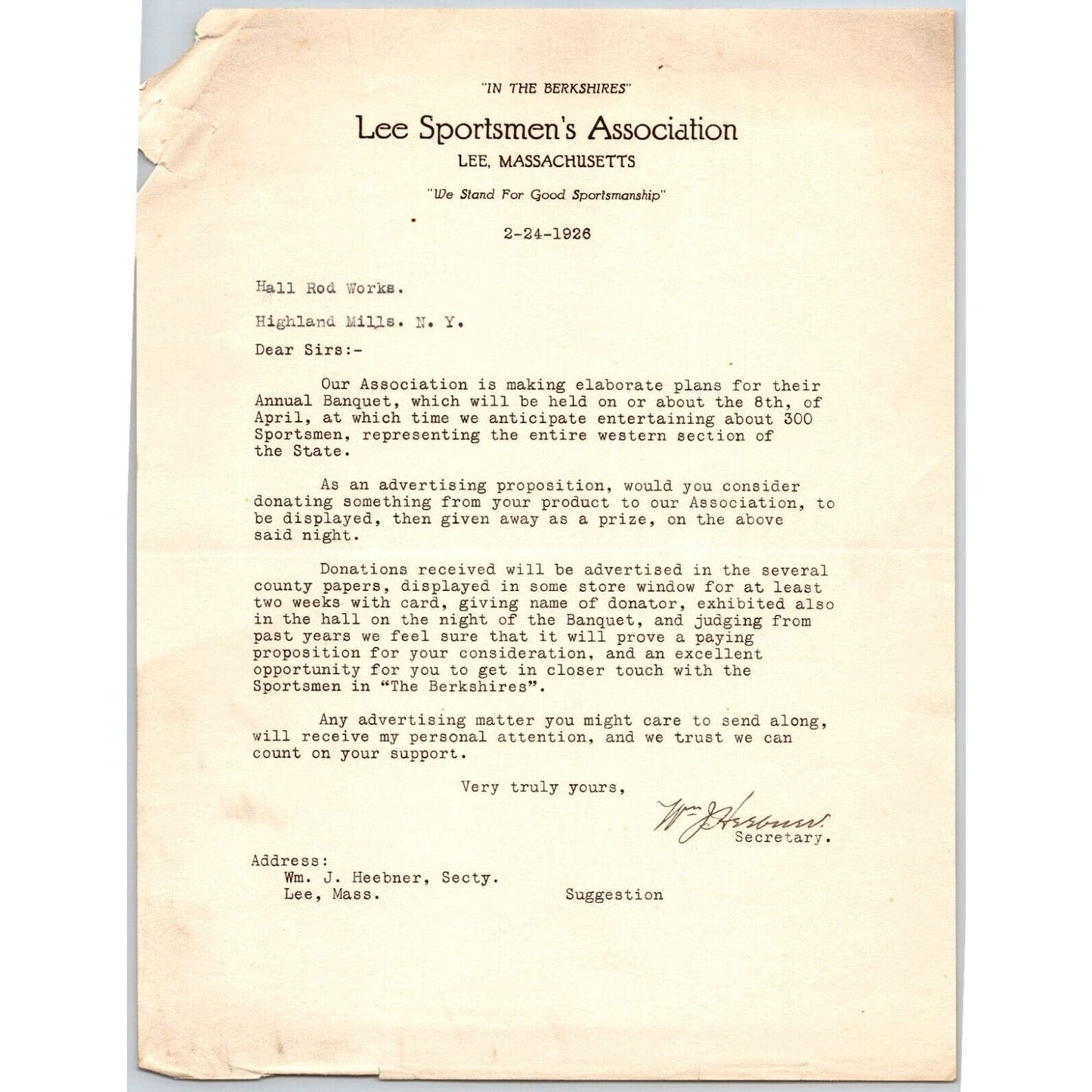 Lee, MASS Lee Sportsmen's Association 1926 Letterhead re: Annual Banquet