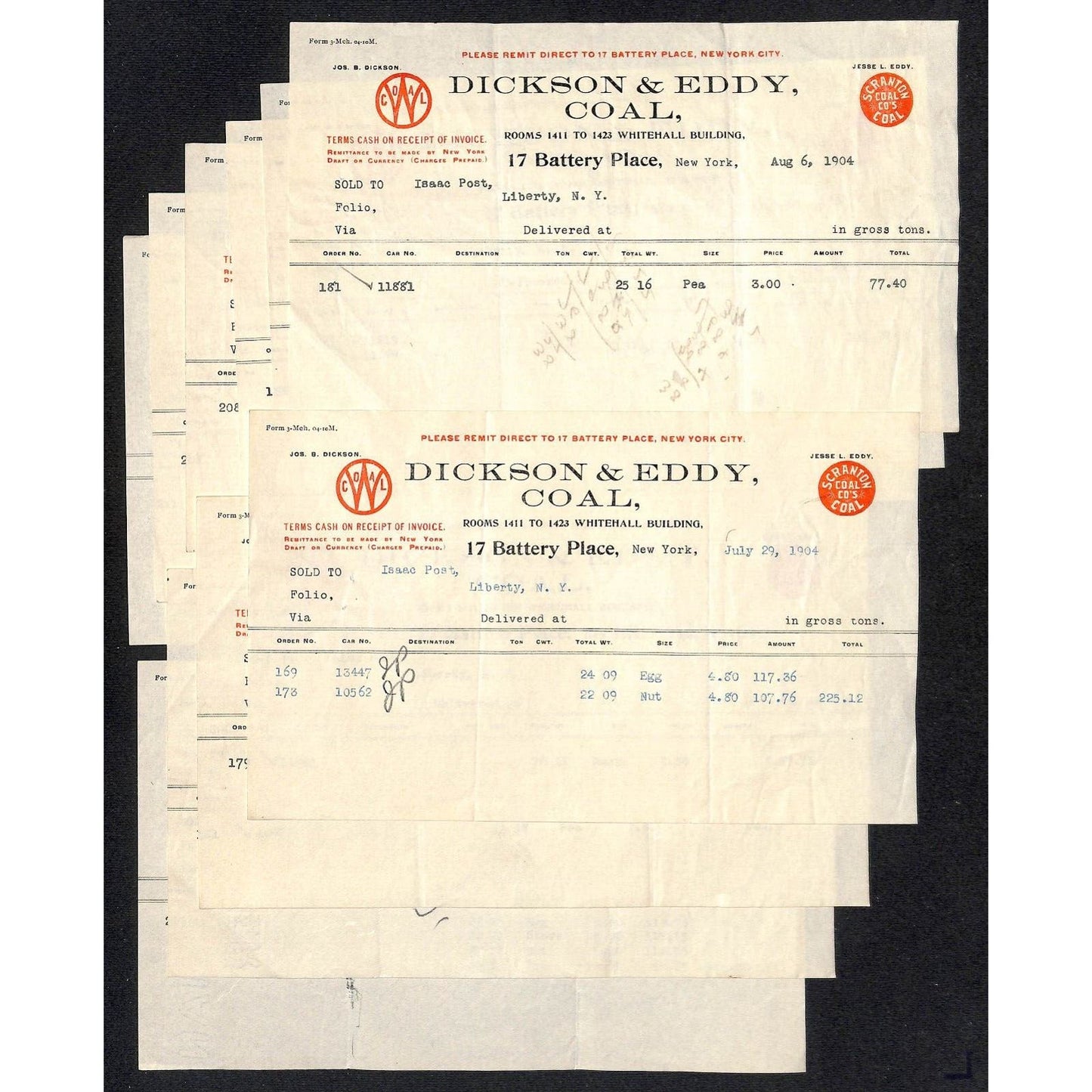 Dickson & Eddy Scranton Coal - 17 Battery Place, NYC (10) 1904 Billheads VGC