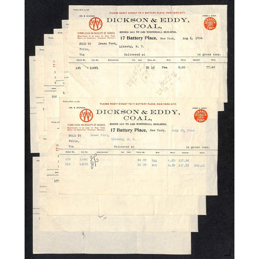 Dickson & Eddy Scranton Coal - 17 Battery Place, NYC (10) 1904 Billheads VGC