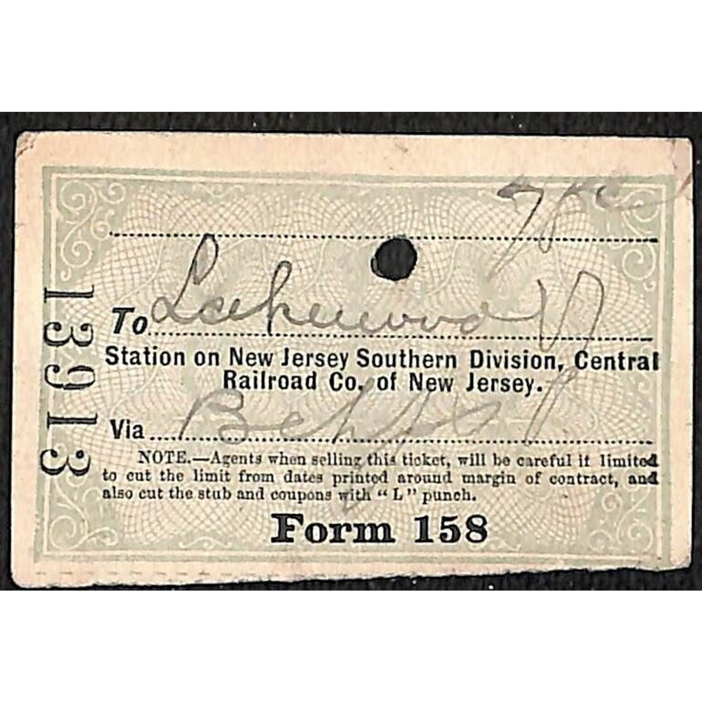 New York & Long Branch Railroad 1901 Ticket North Asbury Park Lakewood #13913