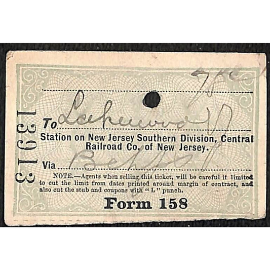 New York & Long Branch Railroad 1901 Ticket North Asbury Park Lakewood #13913