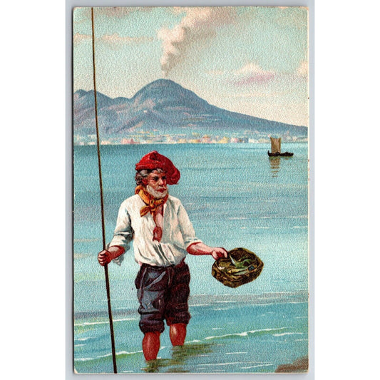 French? Postcard Old Man w/ Fishing Pole & Basket c1901-1907 NP