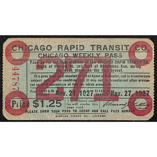 1927 Chicago Rapid Transit Nov Weekly Pass / Ticket "271"