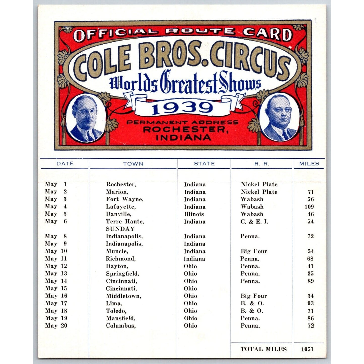 1939 Cole Bros Circus Route Card "World's Greatest" IN IL OH