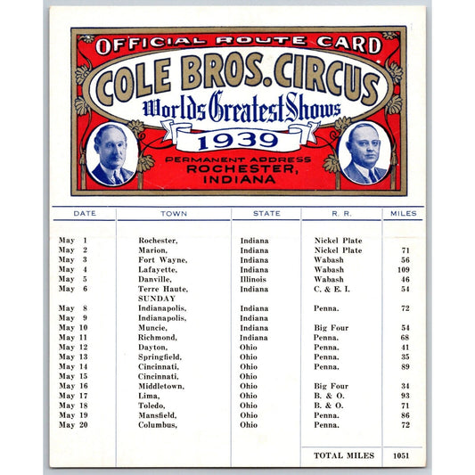 1939 Cole Bros Circus Route Card "World's Greatest" IN IL OH