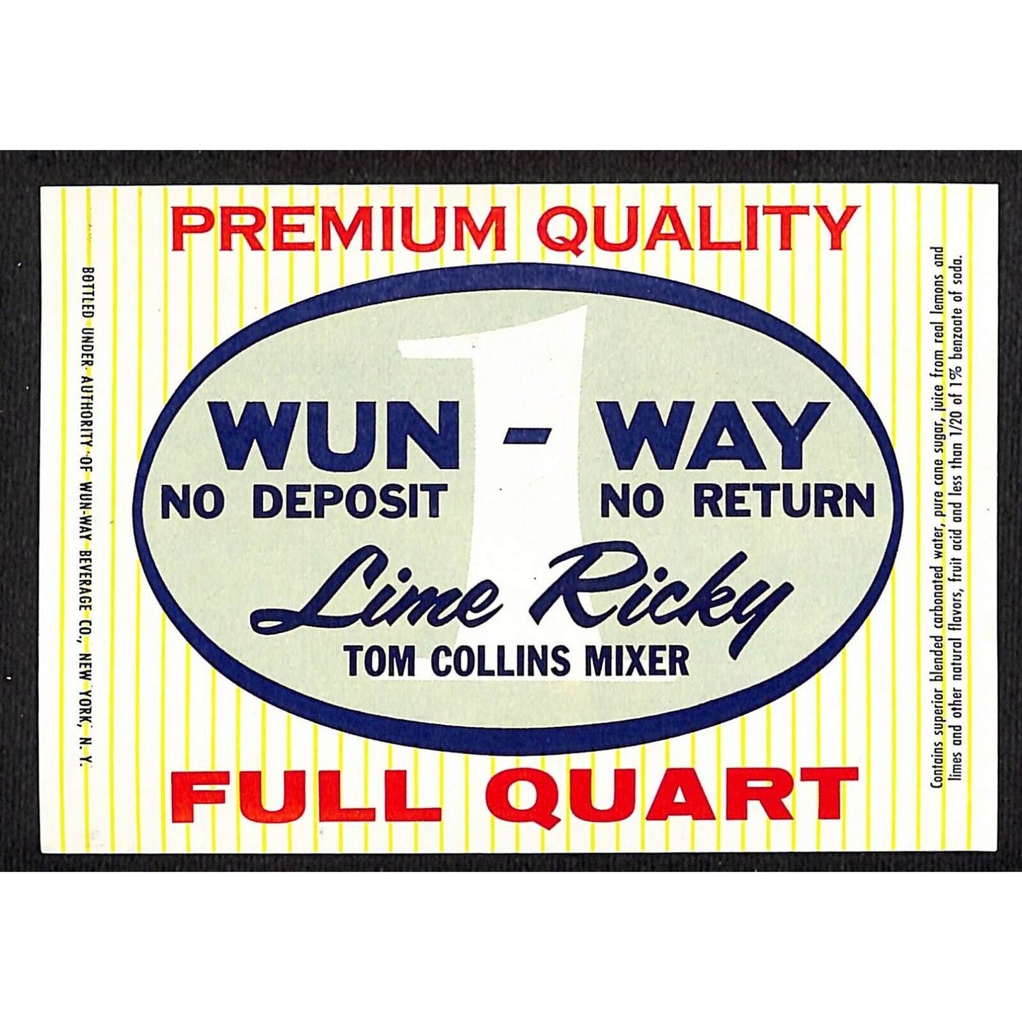 Wun-Way Beverage Lime Ricky Tom Collins Mixer Paper Soda Label 1940's-50's