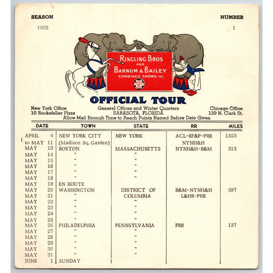 1952 Ringling Bros Barnum Bailey Circus Route Card NYC Boston DC Philadelphia