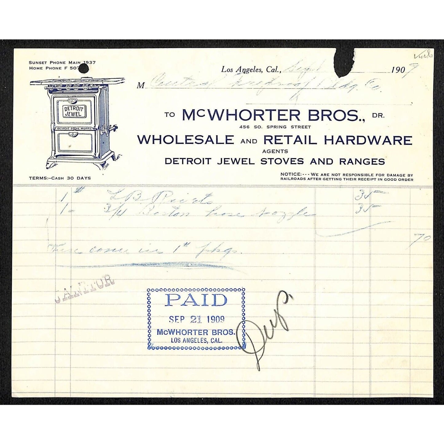Los Angeles McWhorter Bros Hardware - Detroit Jewel Stoves 1909 Billhead