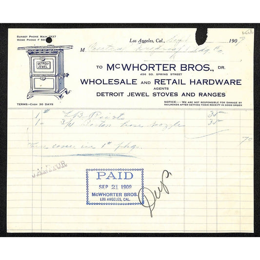 Los Angeles McWhorter Bros Hardware - Detroit Jewel Stoves 1909 Billhead