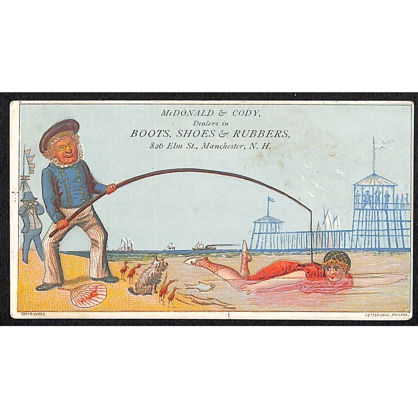 Manchester, NH Victorian Trade Card Funny McDonald & Cody Boots Rubbers Scarce