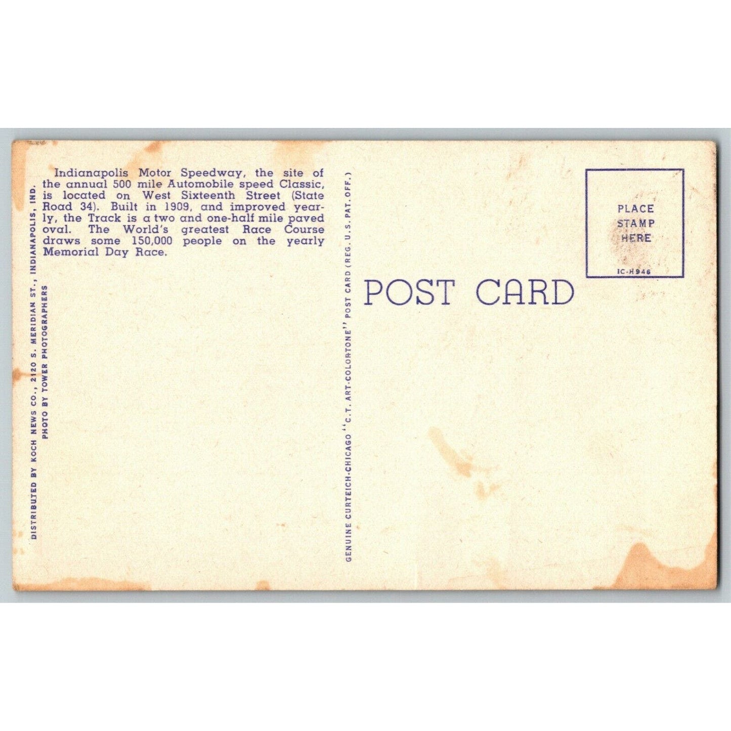 Indy 500 Linen Postcard 1947 "..Annual 500 Mile Classic.. A Typical Winner" NP