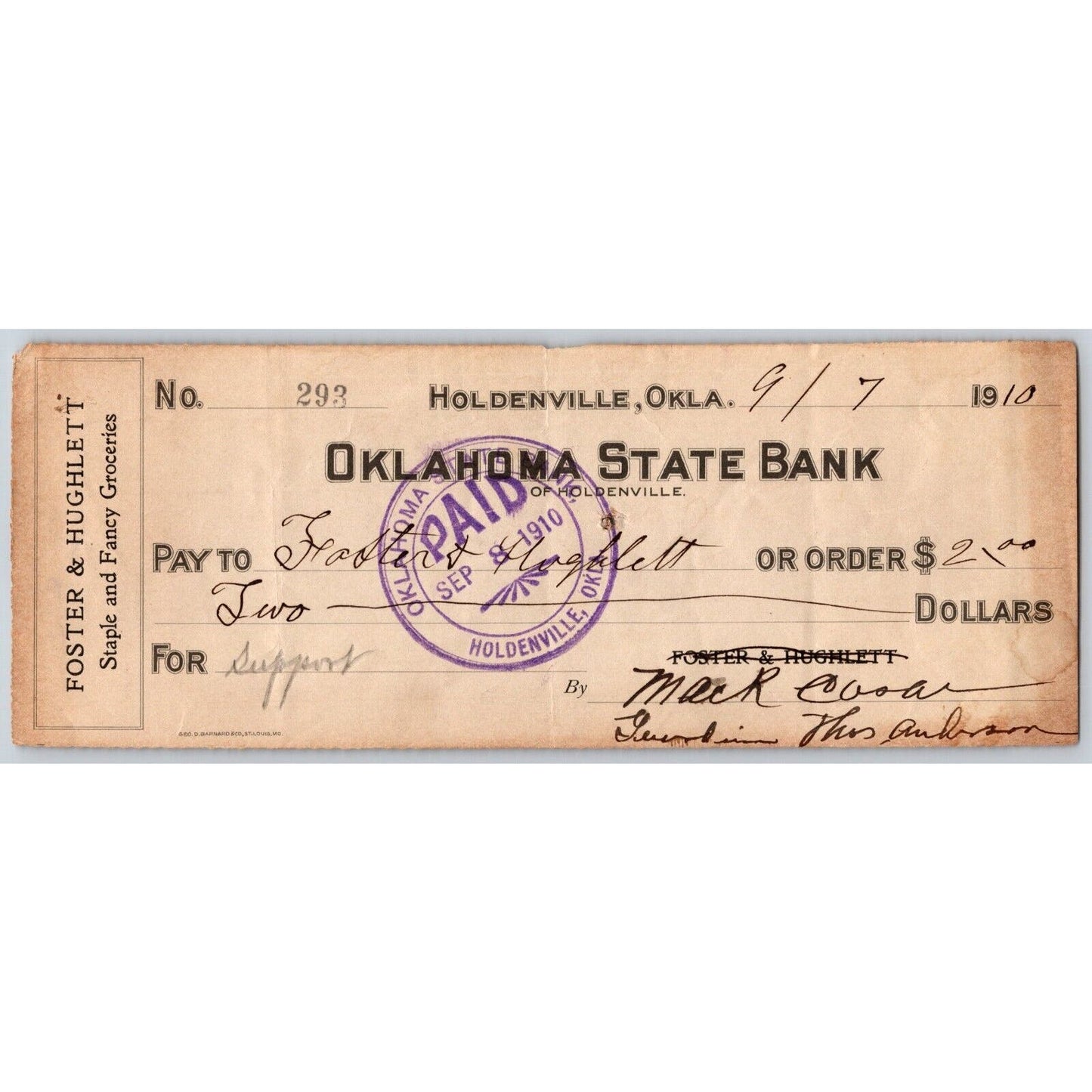 Holdenville, OK 1910 Foster & Hughlett Groceries "Oklahoma State Bank" Check