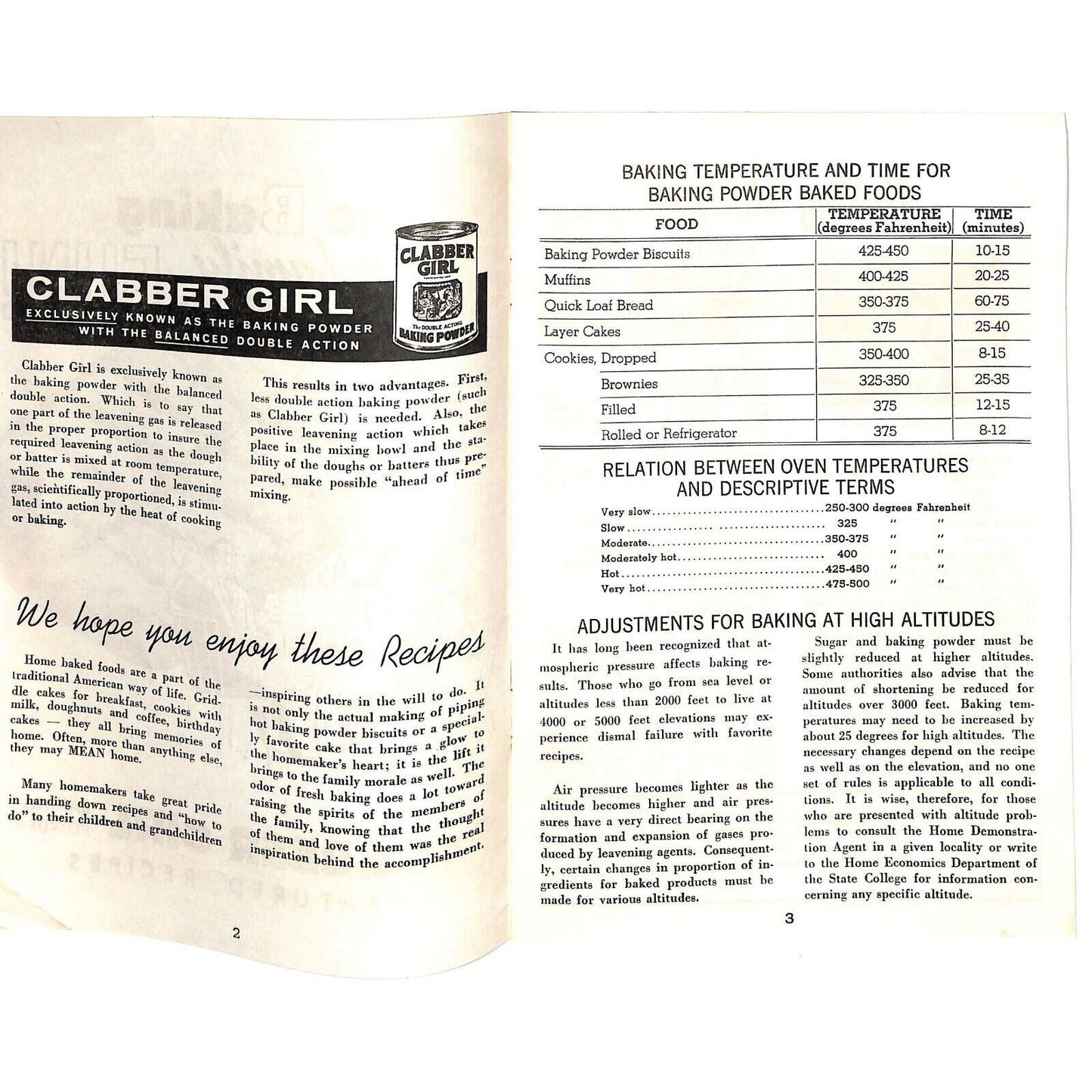 Clabber Girl Baking Power Fine Baking Recipe Booklet 15pp c1940's-50's - VGC