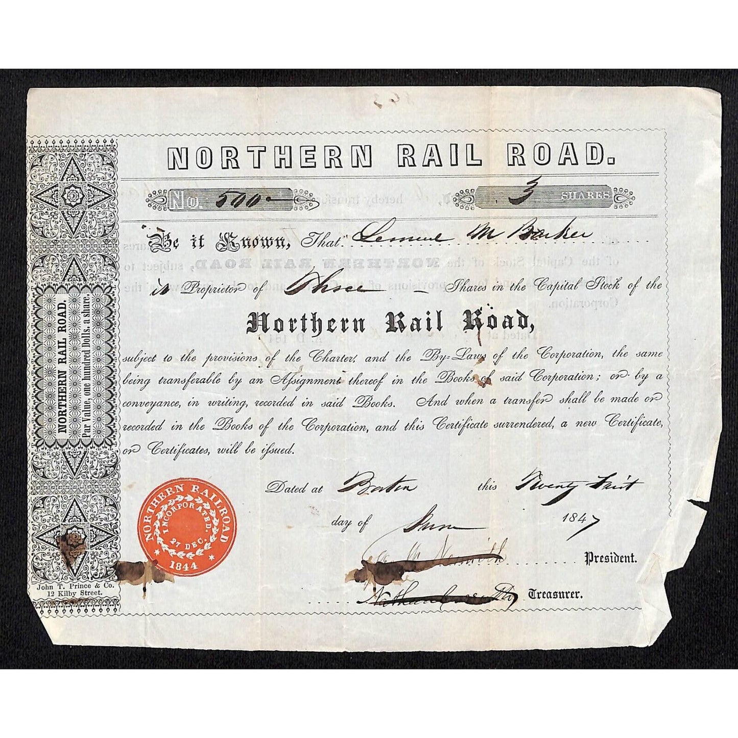 1847 Boston MA Northern Railroad Stock Certificate No. 500 for 3 Shares