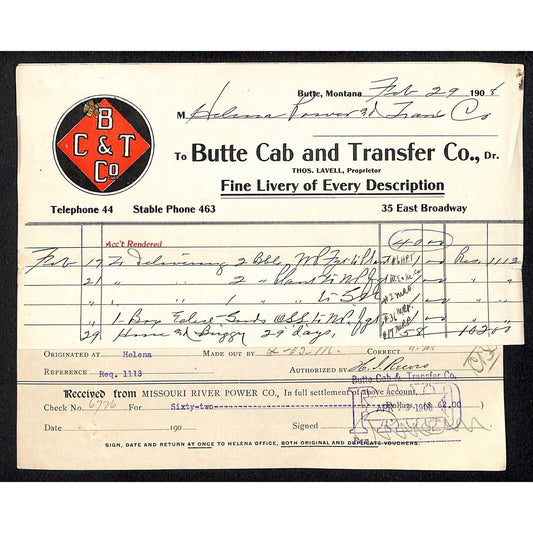 Butte, MT Butte Cab and Transfer Co. 1908 Billhead & Missouri River Power