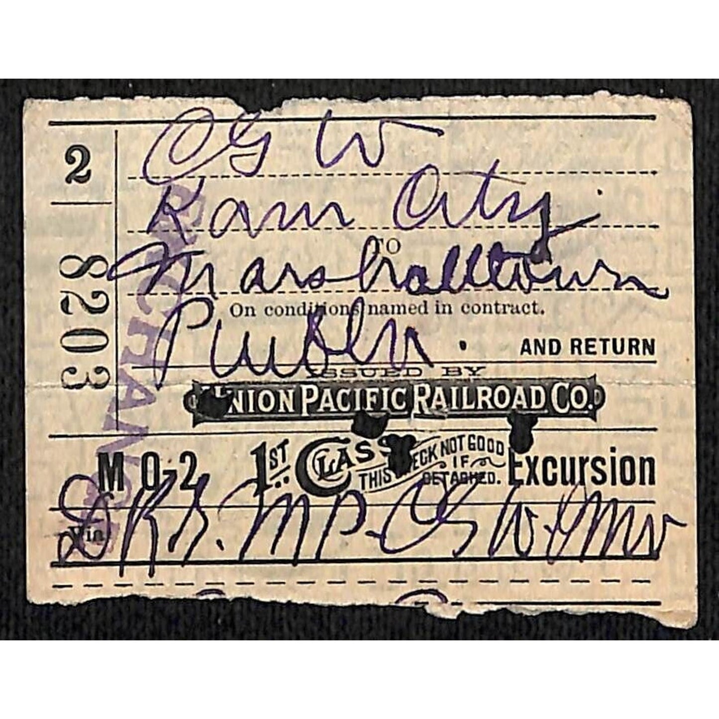 Union Pacific Railroad 1912 Ticket K.C. to Marshalltown #8203