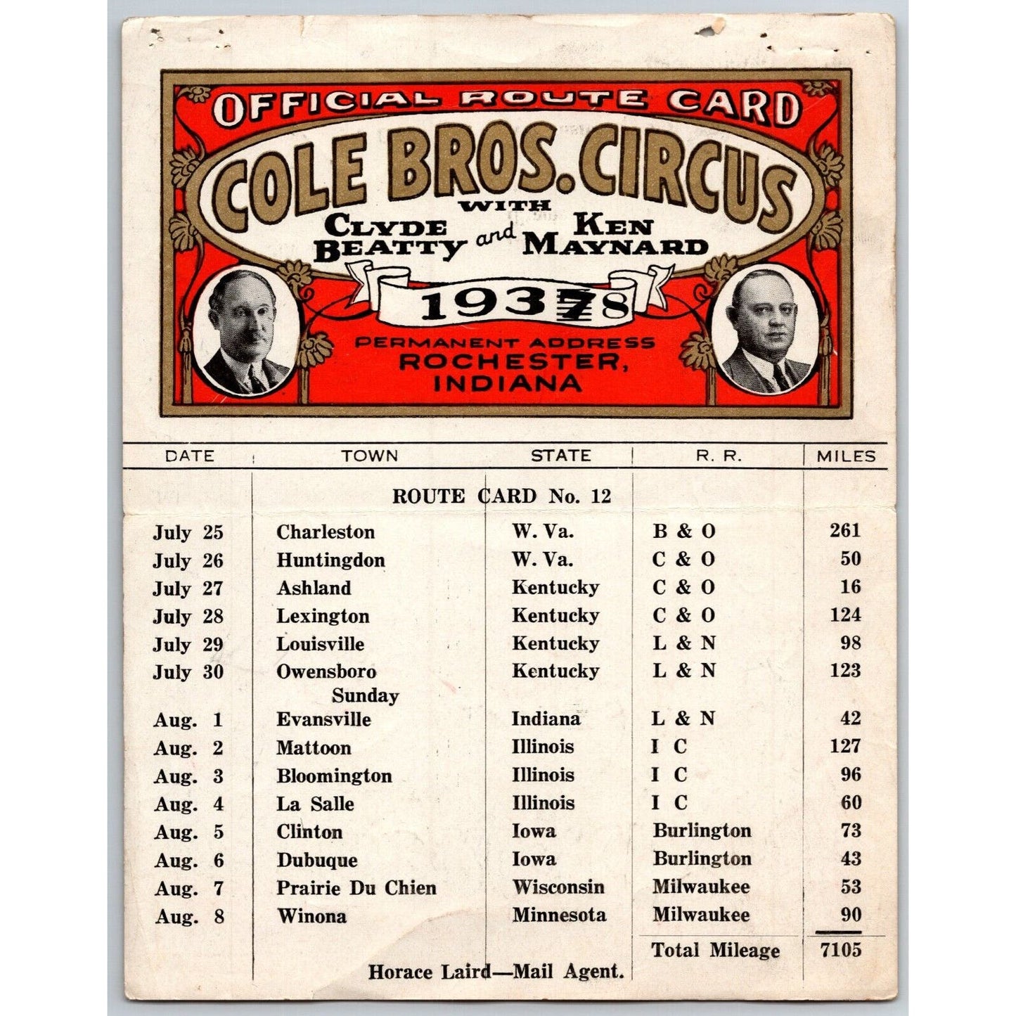 1938 Cole Bros with Clyde Beatty Ken Maynard Circus Route Card WV KY IN IL IA WI