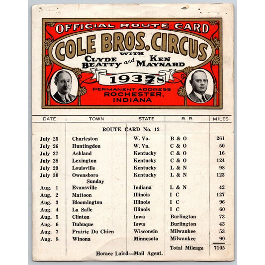 1938 Cole Bros with Clyde Beatty Ken Maynard Circus Route Card WV KY IN IL IA WI