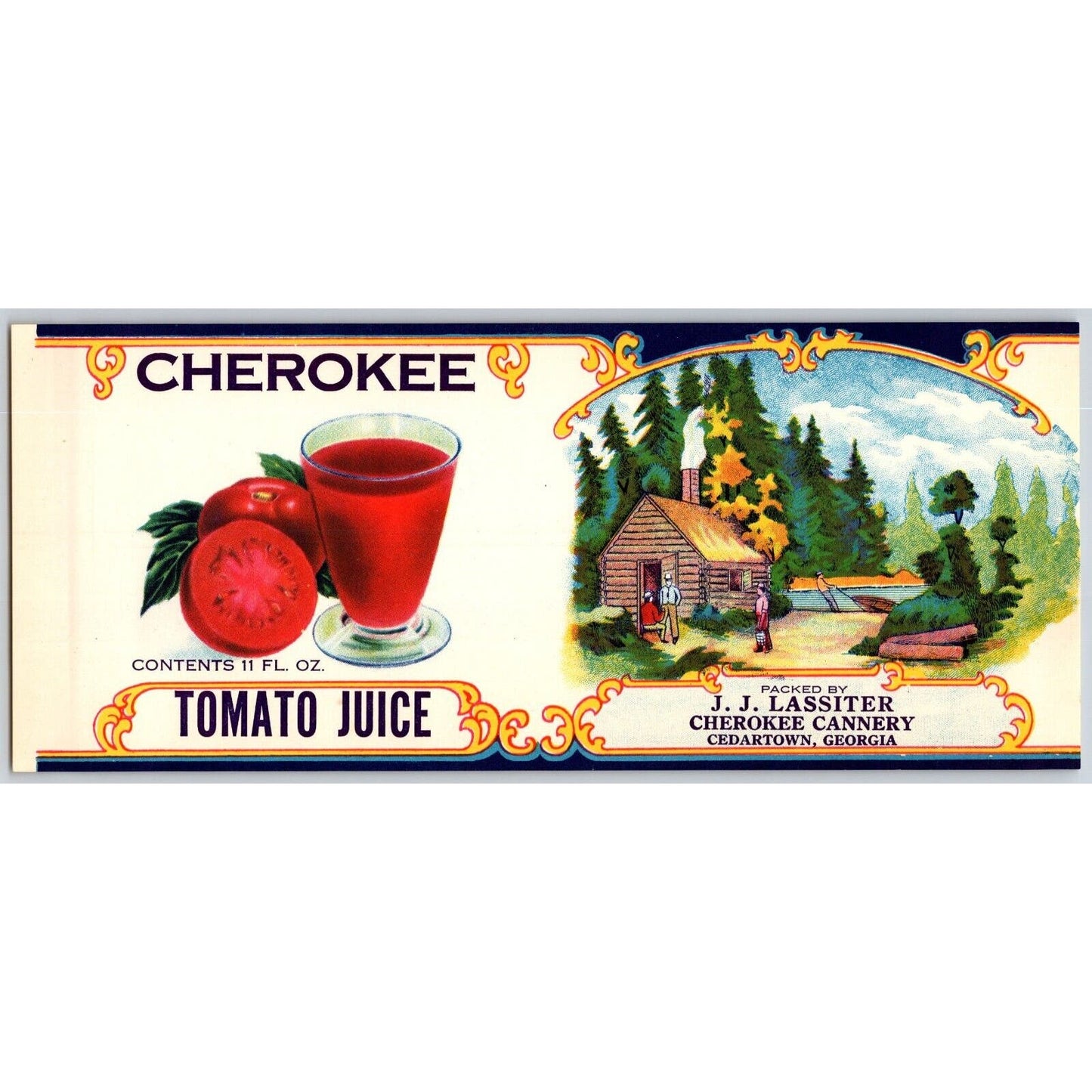 J.J. Lassiter Tomato Juice Paper Can Label Cherokee Cedartown, GA c1926 Scarce