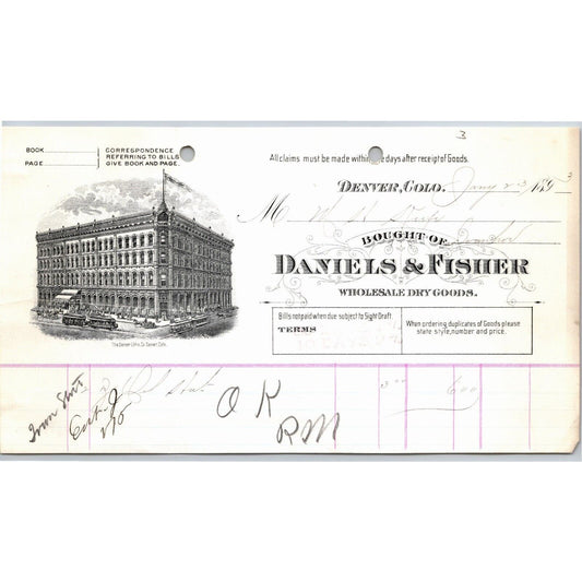 1893 Denver, CO Daniels & Fisher Wholesale Dry Goods Letterhead - M.H. Keefe