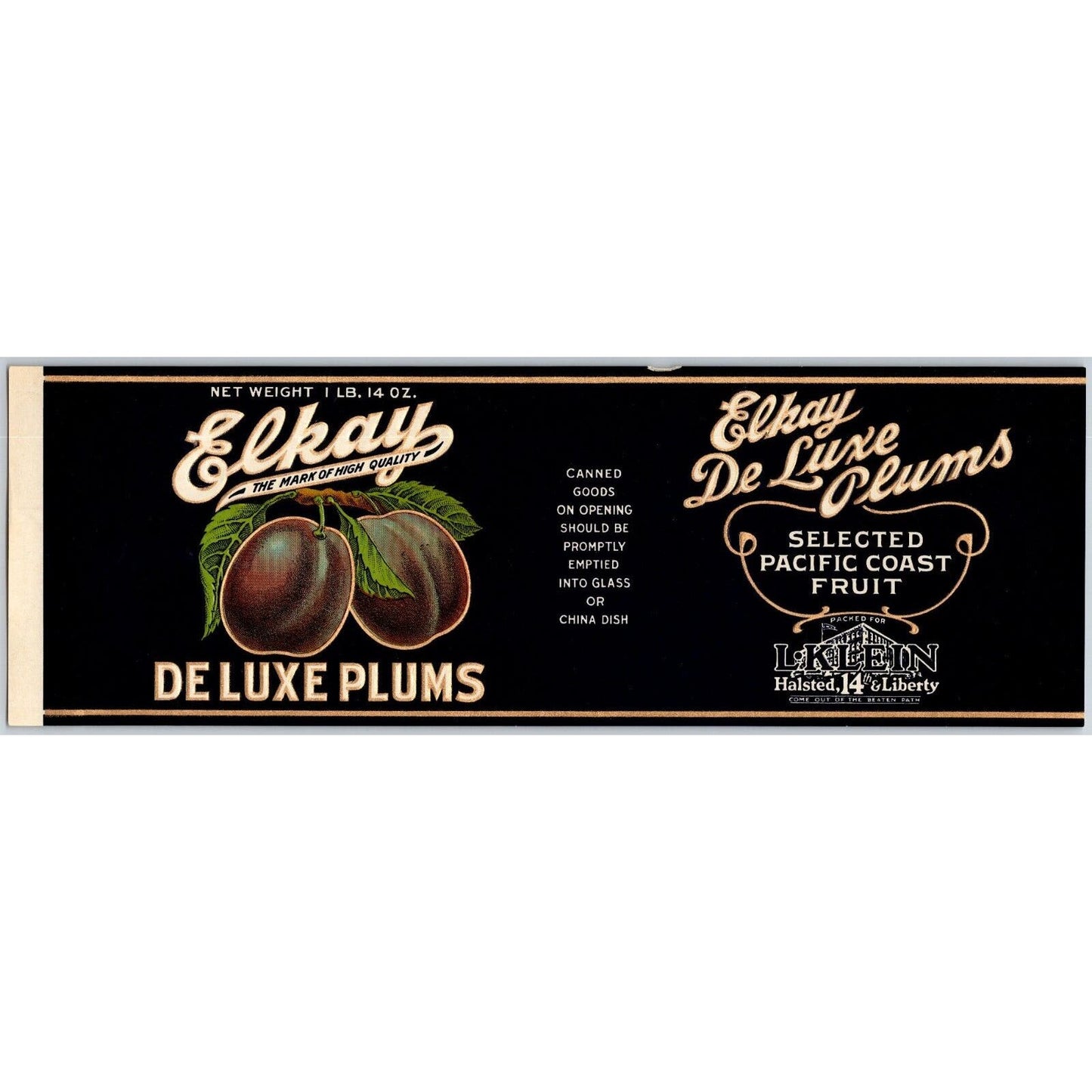 Elkay Deluxe Plums Paper Can Label L. Klein Halsted c1920's Emb. VGC