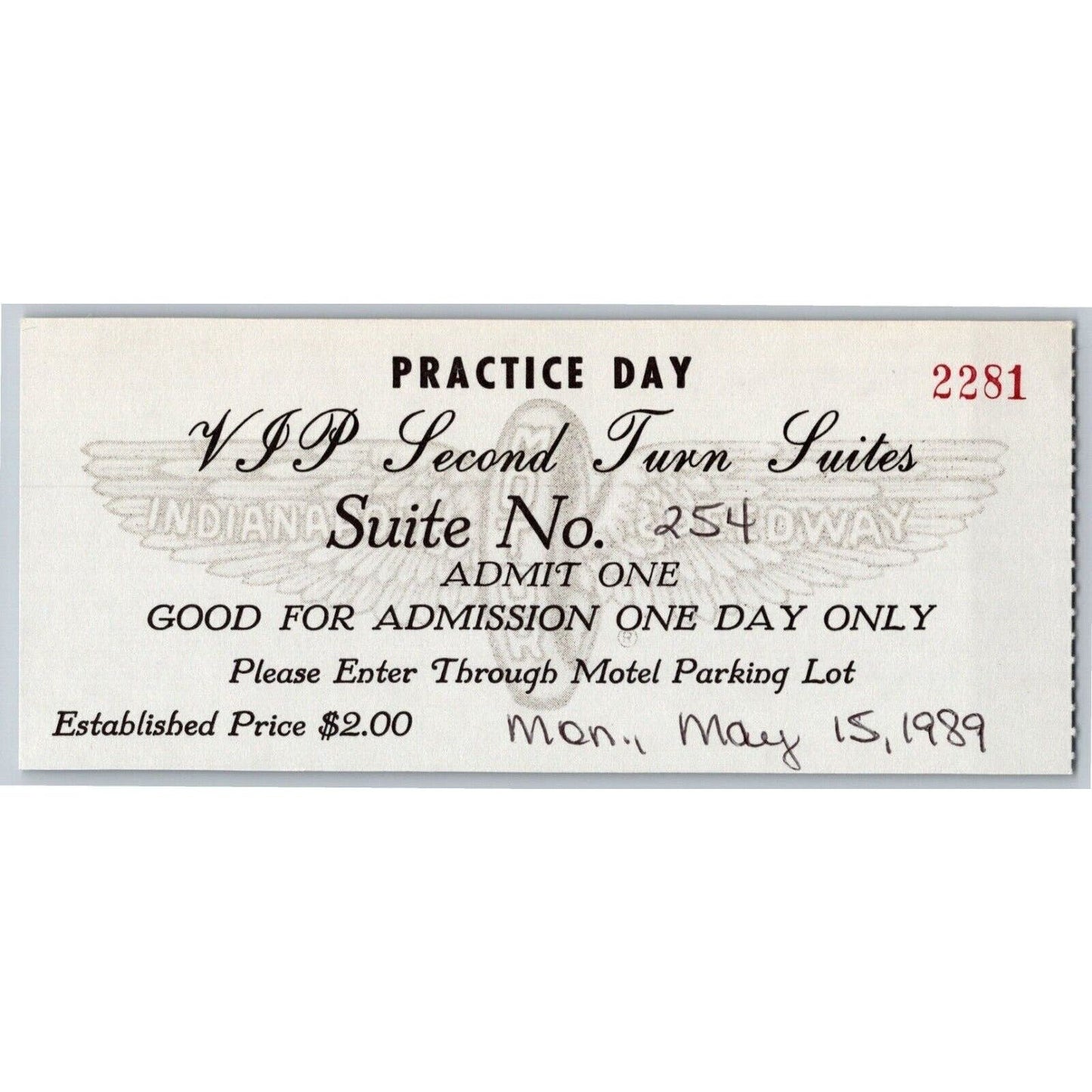 1989 Indy 500 VIP 2nd Turn Suites Practice Day Ticket Stub Indianapolis #2281