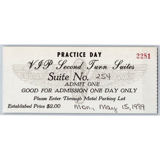 1989 Indy 500 VIP 2nd Turn Suites Practice Day Ticket Stub Indianapolis #2281