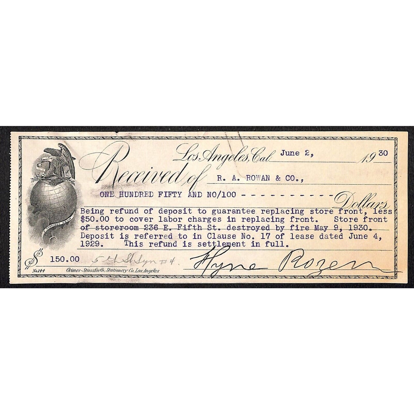 Los Angeles 1930 R.A. Rowan Co. $150 Rental Allowance for Fire Receipt Eagle
