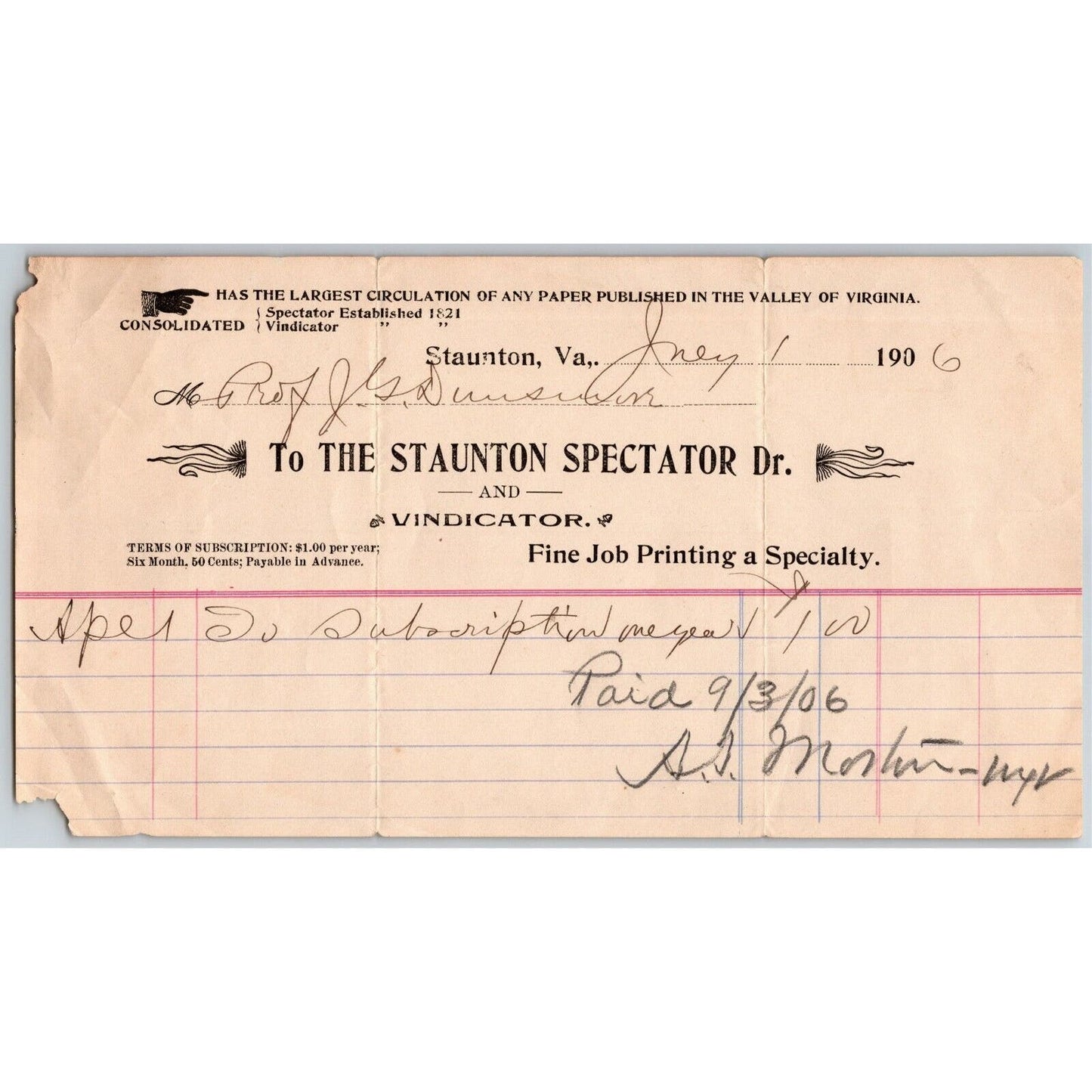 1906 Scarce Staunton Spectator and Vindicator Newspaper Billhead Letterhead VA