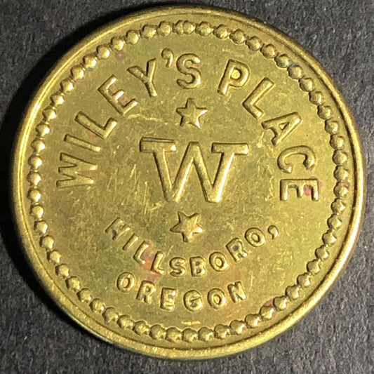 Wiley's Place Hillsboro Oregon -- G/F 5c Brass Trade Token "W" 22mm