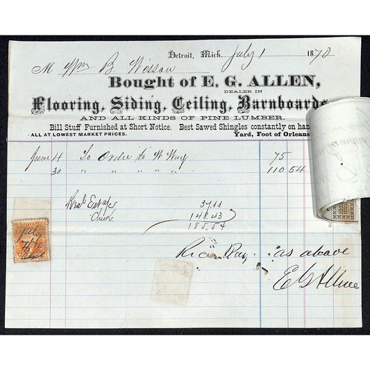 Detroit Letterhead E.G. Allen Flooring Siding Barnboards 1870 w/ 3 Rev Stamps