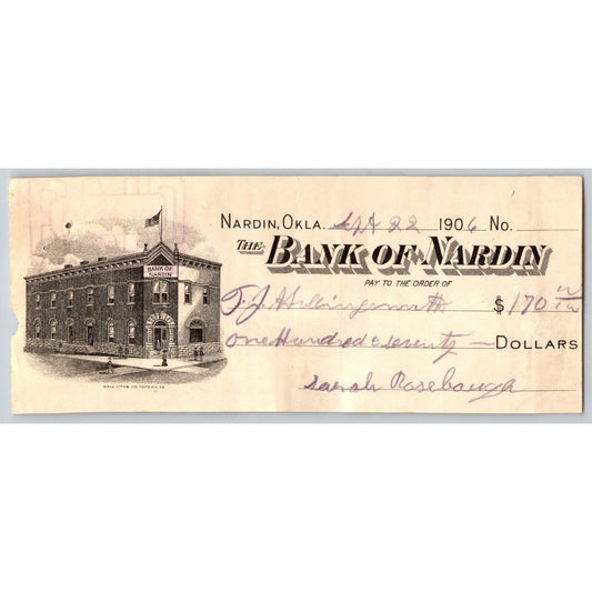 Nardin, Oklahoma Territory 1906 "Bank of Nardin" $170 Bank Check w/ Vignette