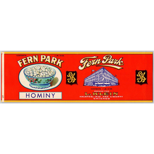 Fern Park Hominy Paper Can Label L. Klein Chicago c1930's-40's VGC